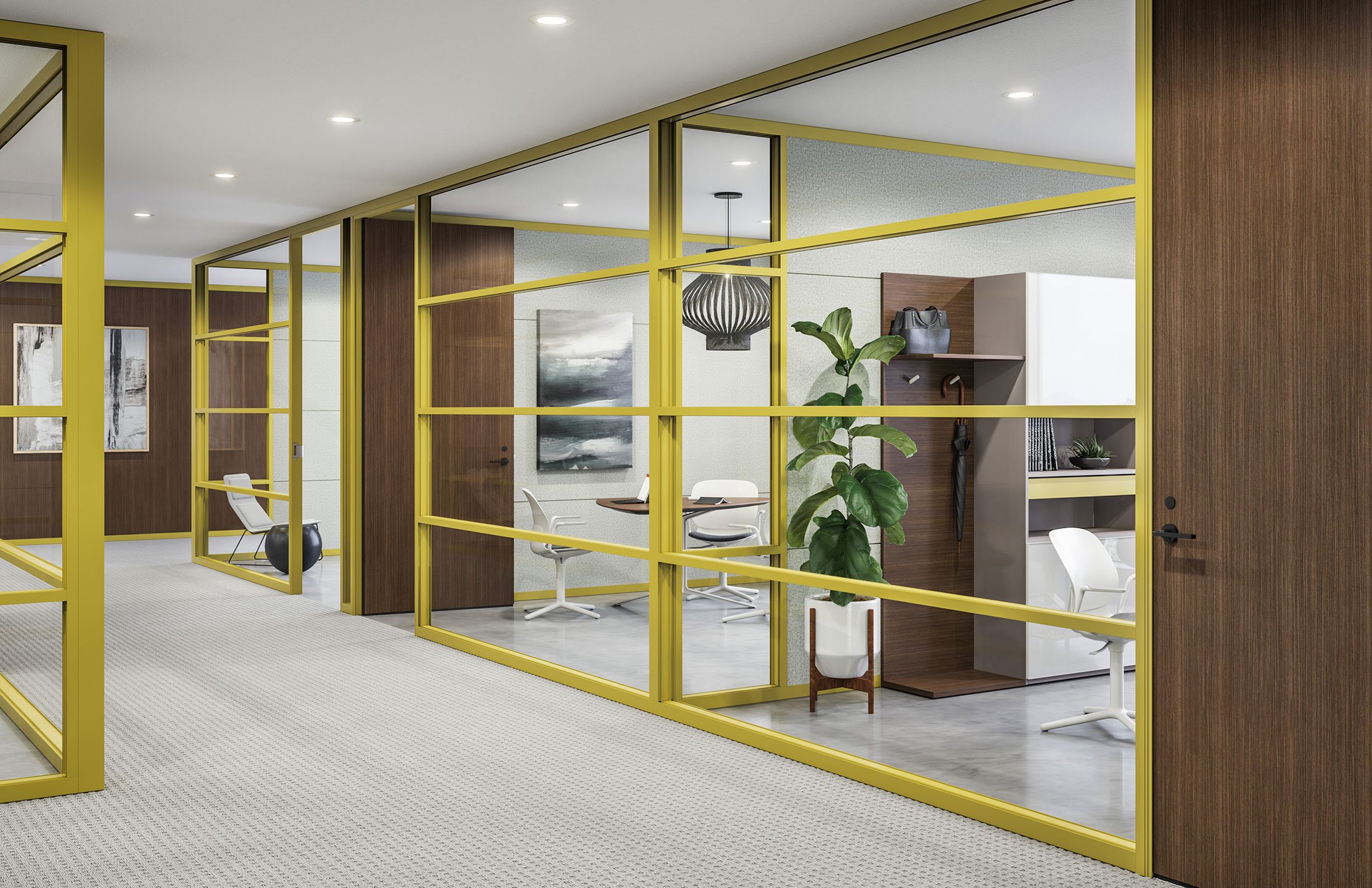 Haworth Trivati Wall in office hallway making multiple private work spaces with yellow trim and white chairs and grey rug in office