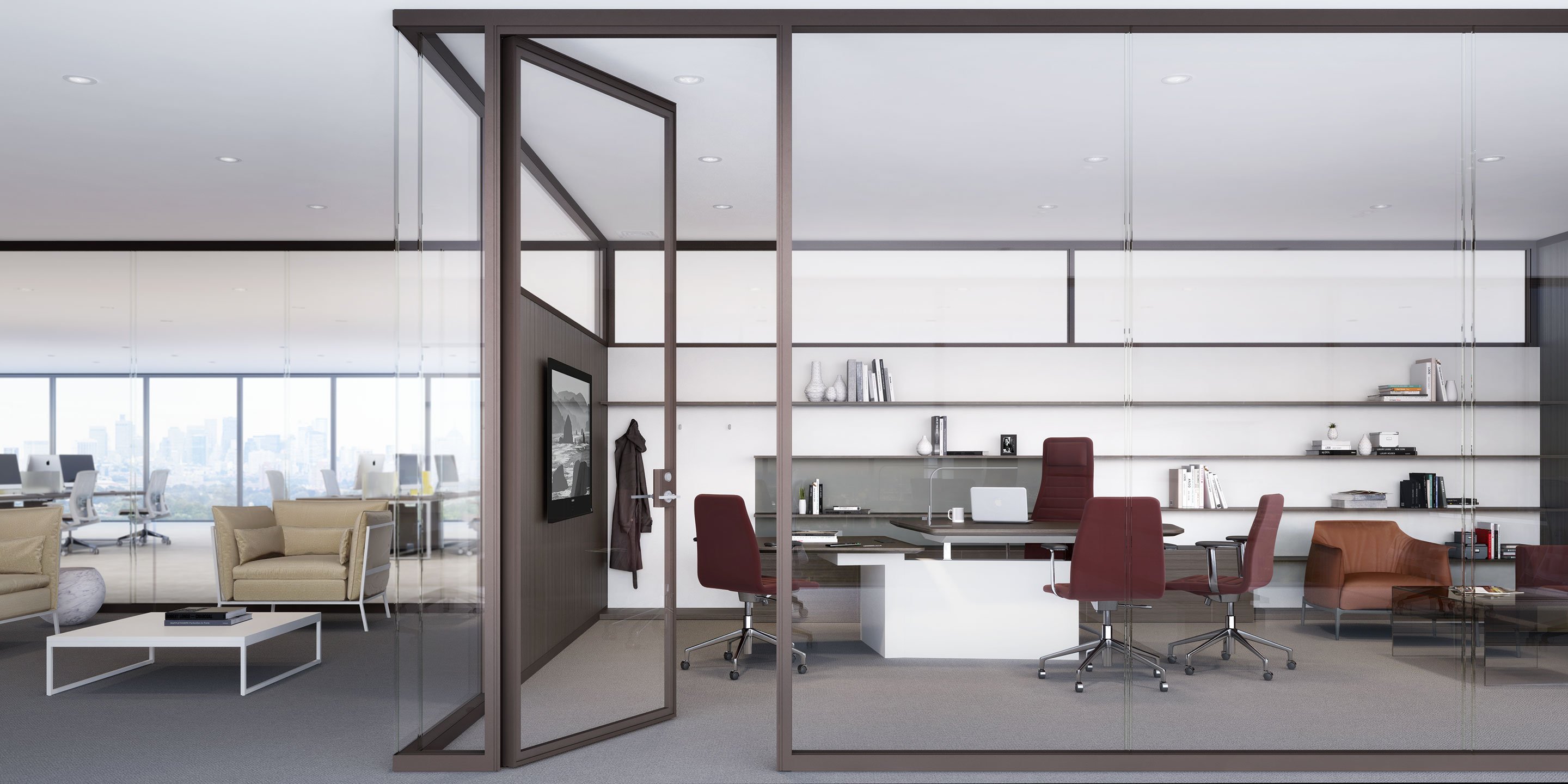 Haworth Trivati Wall for private executive office with red chairs and veneer executive desk in open office space