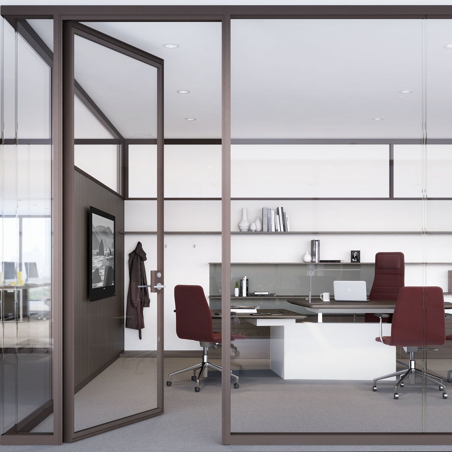 Haworth Trivati Wall for private office space with brown trim and brown executive veneer desk and red chairs with monitor on wall