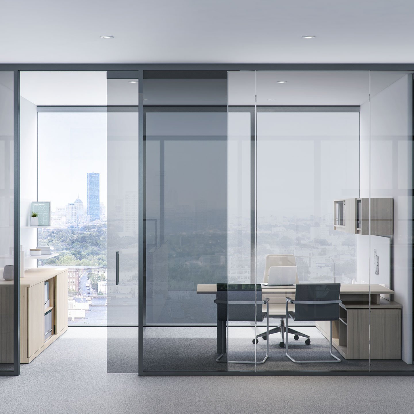 Haworth Trivati Wall for private office space with grey chairs and veneer storage and desk with window looking towards city