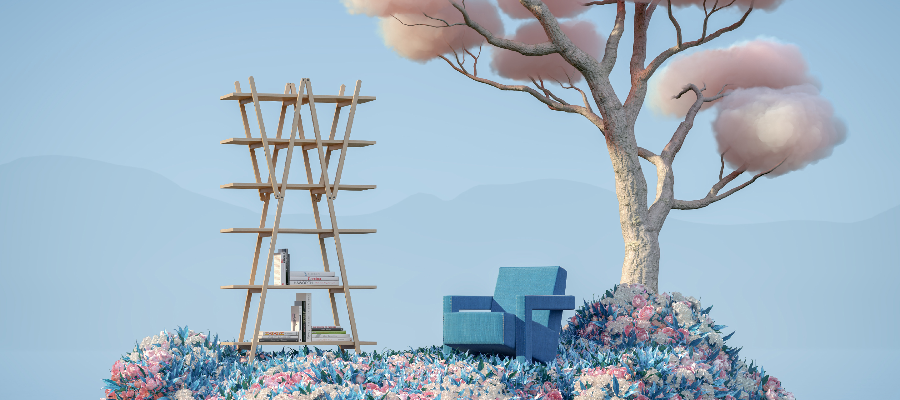 Haworth Nuvola Rossa lounge chair in blue in a graphic representation view 2/