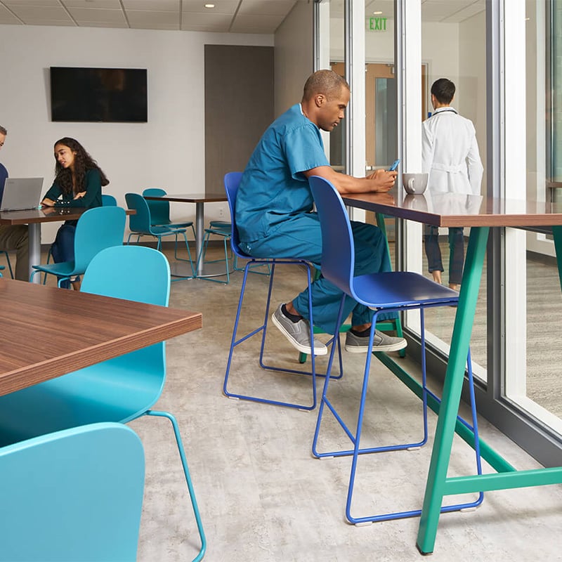 Haworth Maari stool chairs in blue in a healthcare space