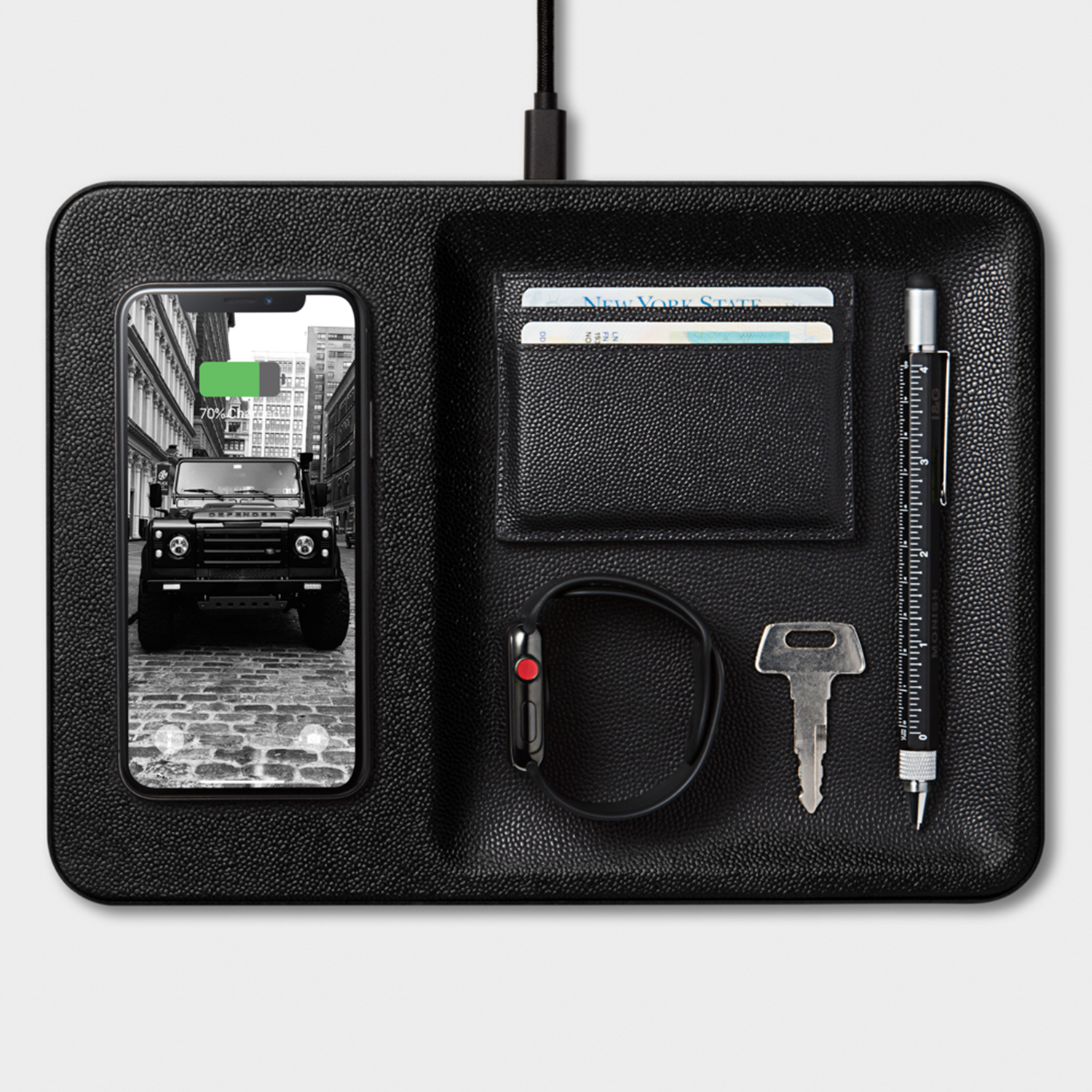 Catch:3 Wireless Charger Tray - Leather / Black (BK-BK)