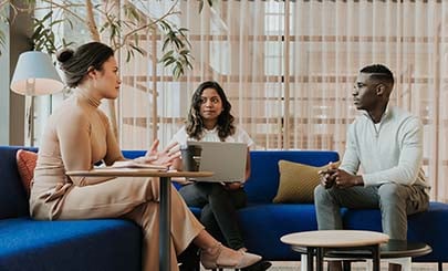 Haworth furniture being used in a casual meeting space