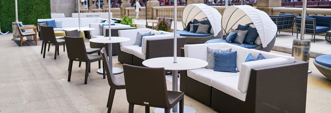 Haworth's outdoor social space feature Janus et Cie furniture