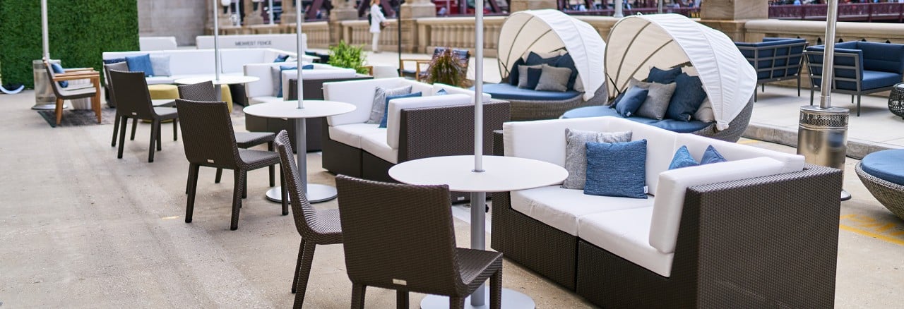 Haworth's outdoor social space feature Janus et Cie furniture